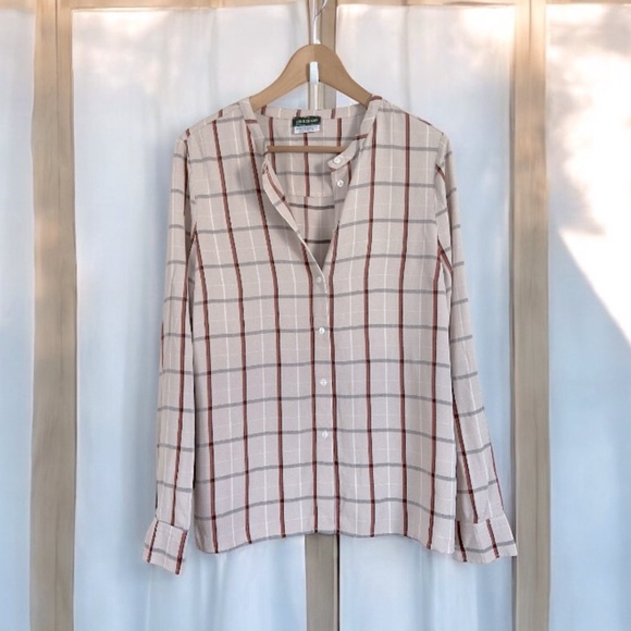 Longchamp- Plaid Button Down Blouse  Neutral Tones Lightweight & Versatie - Picture 2 of 10